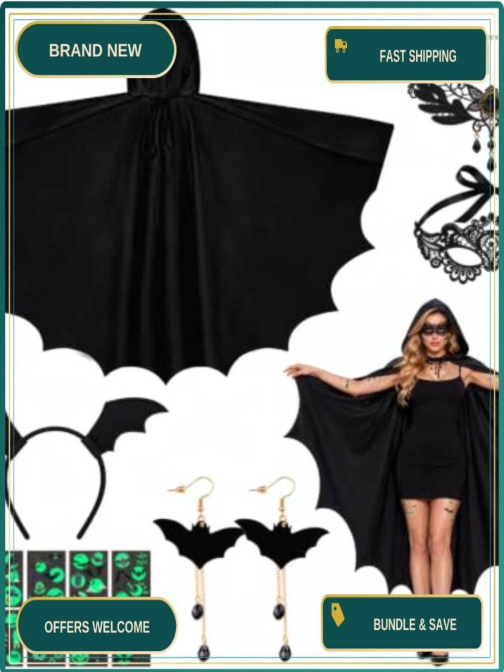Hysagtek Bat Costume Set Wings Cloak Cape Hood Headband Mask Necklace Style